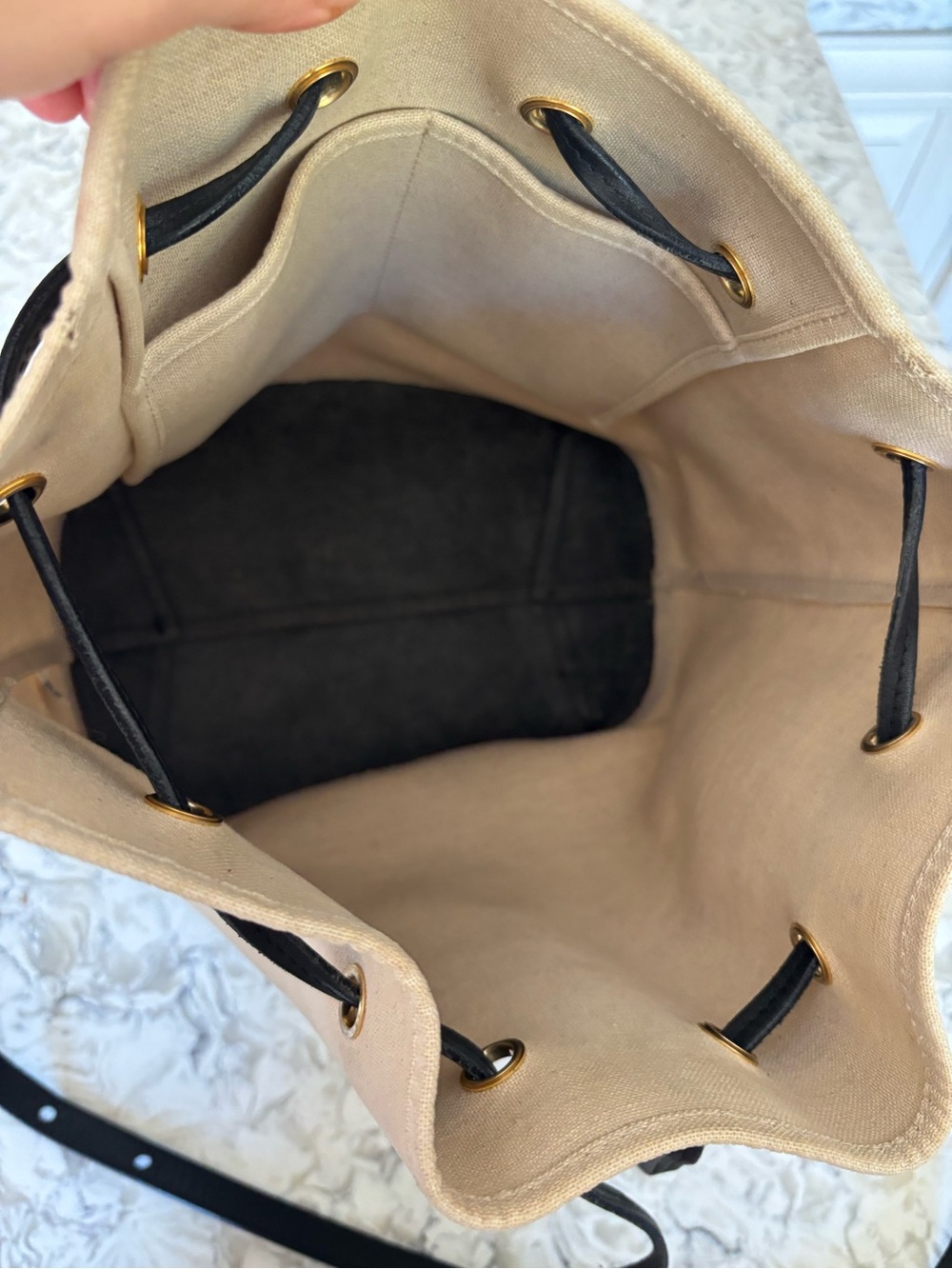 Mansur Gabriel Canvas Bucket Bag - Cream with Black Trim - Picture 9 of 11